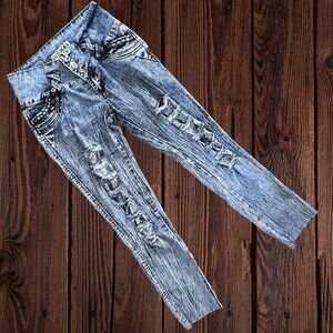 SILVER DIVA Distressed Stretch Denim Jeans Bling Rhinestone Braid Juniors 5